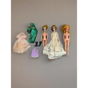 1979s Dawn Dolls Set Of 3 With Clothes And Boots Wedding Dress Mini Dress VTG